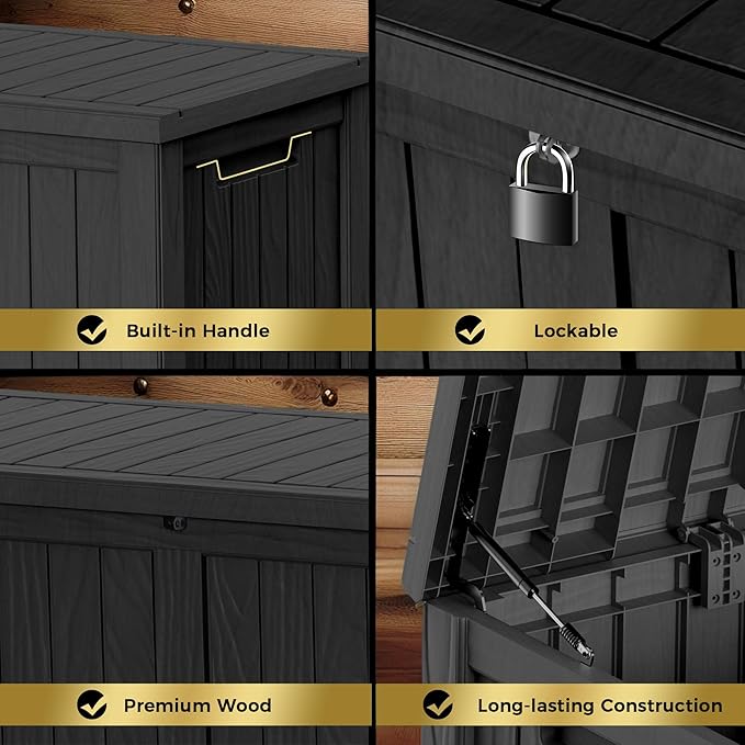 150 Gallon Lockable Resin Deck Box, Waterproof & UV-Resistant Outdoor Storage Box for Outdoor Cushion Storage, Garden Tools & Pool Accessories Storage, Black-CasaMuseHome