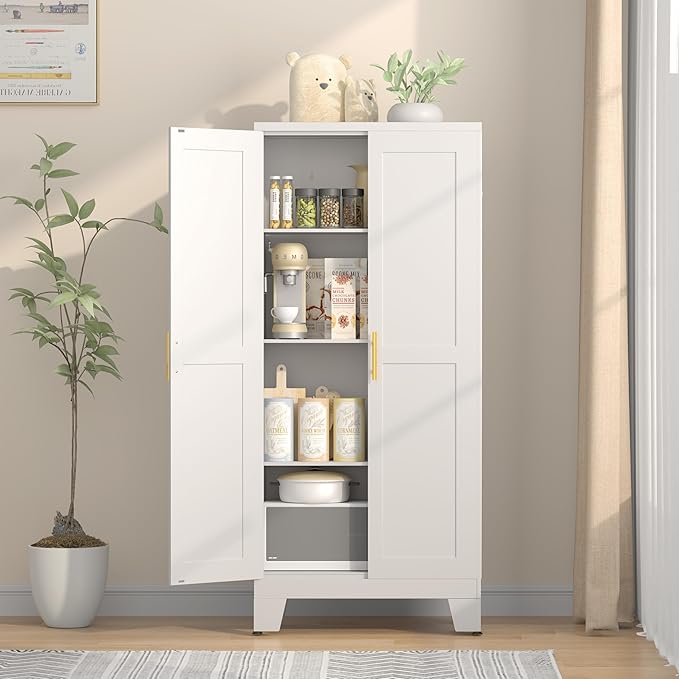 61.02" Pantry Cabinet, Kitchen Pantry Storage Cabinets with Adjustable Shelves and Feet, White Pantry Storage Cabinet for Kitchen, Dining Room, Living Room and Bathroom (White) Metal-CasaMuseHome