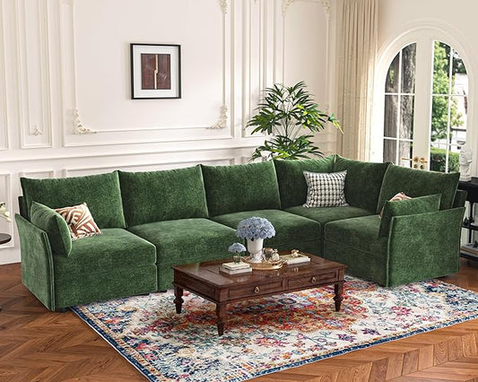 135.5" Oversized Modular Sectional Sofa, L Shaped Convertible Couch with Movable Ottoman, 5 Seat Corner Couches for Living Room Deep Seat Green Chenille-CasaMuseHome