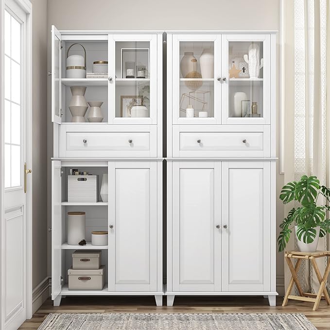 76'' Kitchen Pantry Storage Cabinet, Freestanding Kitchen Cupboard with Large Drawer, Doors, and Adjustable Shelves, Bathroom Storage Cabinet for Dining Room, Living Room, Laundry, White-CasaMuseHome