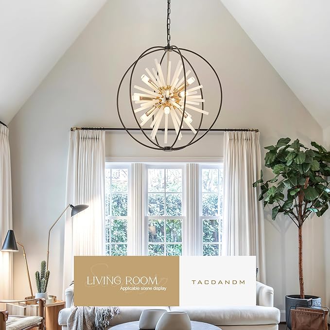 23.6" Black Gold 12-Light Globe Sputnik Chandelier Modern Adjustable Hanging Ceiling Glass Tube Pendant Light Fixture for Entryway Foyer Staircase Dining Living Room Hallway-CasaMuseHome