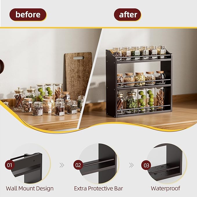 3 Tier Bamboo Wood Spice Rack, Seasoning Bottles Jars Organizer Shelf for Spices or Craft Supplies, Kitchen Counter or Wall Mounting (Brown)-CasaMuseHome