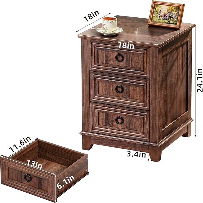 18" Farmhouse Night Stand with 3 Drawers, Wood End Table Dresser for Bedroom, Retro Nightstand, Bed Side Table with Metal Handle, Bedside Cabinet for Bedroom Living Room, Closet-CasaMuseHome