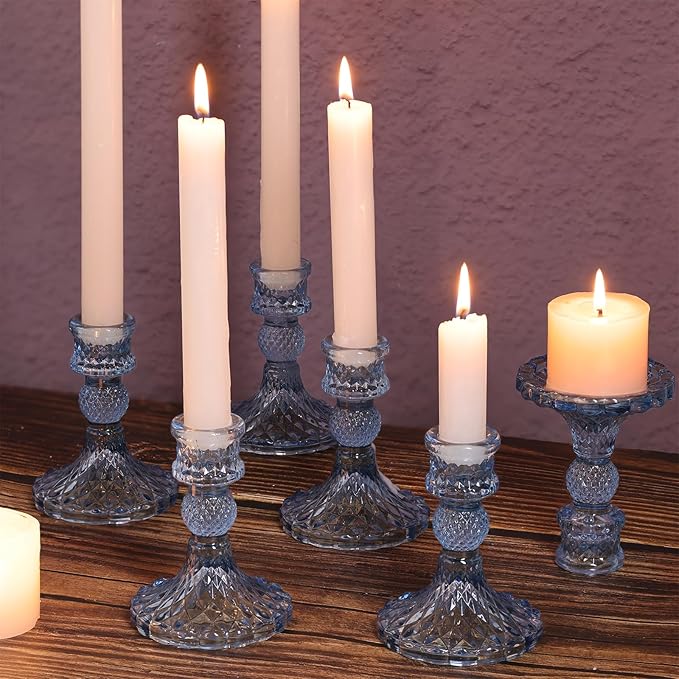 12Pcs 4" H Aqua Blue Candlestick Holders Set- Taper Candle Holders Bulk, Glass Candle Holders for Wedding, Party, Romantic Dinner Table Centerpieces, Festival Gifts & Windowsill Decor-CasaMuseHome