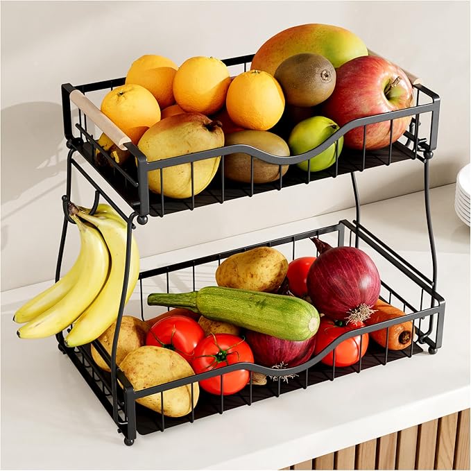 2 Tier Fruit Basket with 2 Banana Hangers, Fruit Bowl for Kitchen Countertop with 2 Wooden Handle, Detachable Metal Fruit Holder for Vegetable Bread with 2 Protective Pads, Black-CasaMuseHome