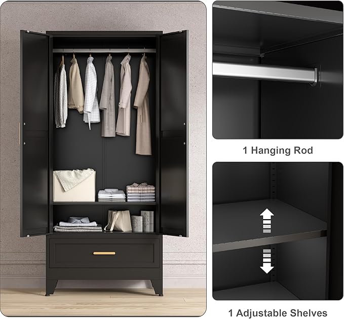 71'' Black Farmhouse Metal Wardrobe Cabinet with Hanging Rod, 2 Barn Door Wardrobe Closet with Adjustable Shelves,Drawer,for Dining Room,Bedroom,Living Room, Cloak Room,Office-CasaMuseHome