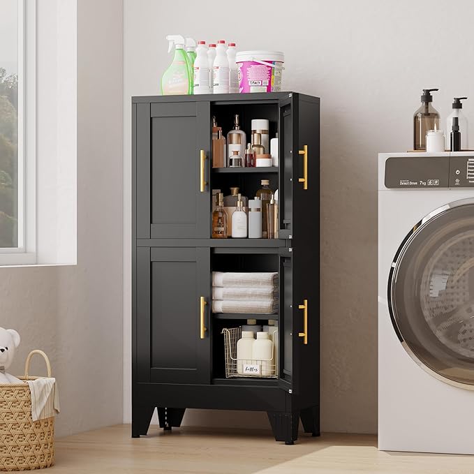 47.25" Metal Storage Cabinet, Black Kitchen Food Storage with 4 Door and 2 Adjustable Shelves, Freestanding Bathroom Cabinet, Pantry for Kitchen Dinning Room, Cupboard-CasaMuseHome