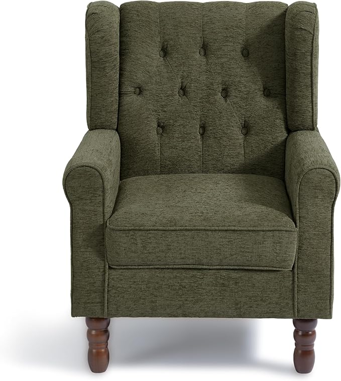 Accent Chair, Upholstered Armchair with Button Tufted High Back & Solid Wood Legs, Comfy Wingback Reading Single Sofa Chair for Small Spaces, Living Room, Bedroom (Green, Set of 2)-CasaMuseHome