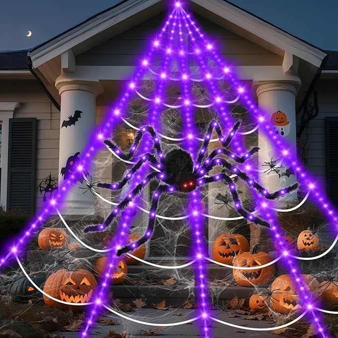 16.4 X 15.8Ft Giant Spider Web Halloween Decorations with 250 LED Lights, Halloween Spider Web Outdoor with 5Ft Large Spider, 3.53 Oz Stretch Web and 20 Small Spiders for Yard House Party Decoration-CasaMuseHome