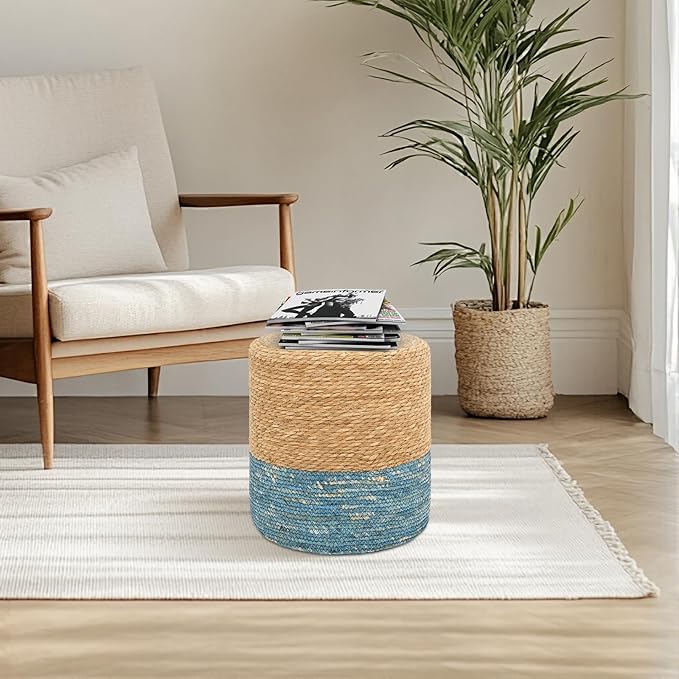 16'' Round Ottoman Natural Seagrass Braided Poof Hand Weaving Round Ottomans Boho Footrest Stool for Home Living Room Bedroom Patio(Natural&Blue)-CasaMuseHome