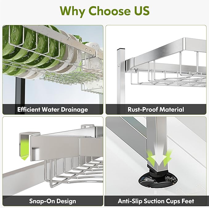 2 Tier Extra Large Stainless Steel Expandable Over The Sink Dish Drainer Drying Rack, Rust Proof Metal, Space Saving, Modern Silver Big Capacity Extendable Plate Strainers Above Kitchen Counter-CasaMuseHome