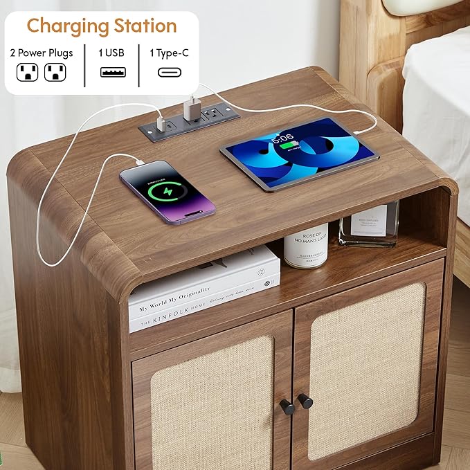 24" Large Side Table with Charging Station, Mid Century Modern End Table with USB/Type-C Ports, Curved Wood Nightstand with Storage & Natural Linen, Couch Side Table for Living Room Bedroom, Walnut-CasaMuseHome