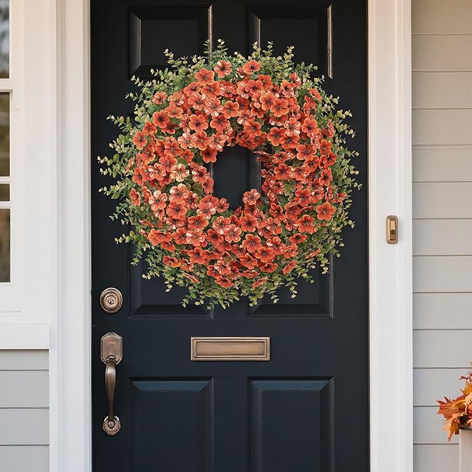 26" Fall Wreath for Front Door, Porch, Window - Large Artificial Boxwood Leaves with Fake Daisy Flowers Outdoor Wreath Faux Eucalyptus for Home Farmhouse Harvest Festival Thanksgiving Day Autumn Decor-CasaMuseHome