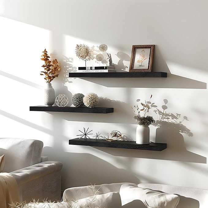 24 Inch Floating Shelves for Wall Rustic Black Wood Wall Shelves for Bedroom Set of 4-CasaMuseHome