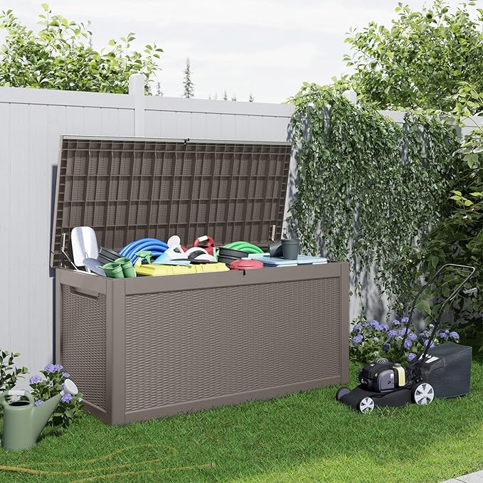 260 Gallon Resin Deck Box, Lockable Patio Outdoor Storage Box for Furniture, Garden Tools and Tools Storage, Waterproof Outside Storage Boxes - Grey-CasaMuseHome