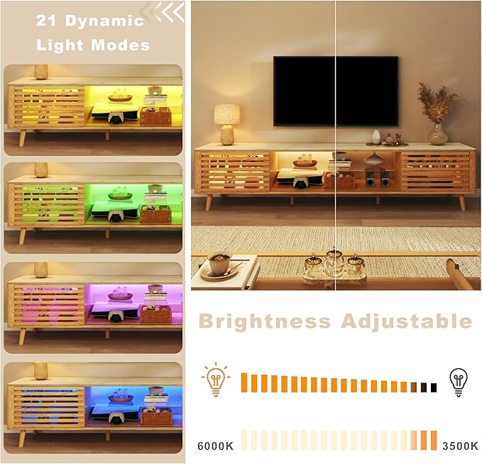 70" Mid Century Modern TV Stand for 55/65/75 Inch TV, Faux Marble Top Entertainment Center with Slatied Sliding Door & LED Lights, Low TV Console with Glass Shelves for Bedroom, Living Room-CasaMuseHome