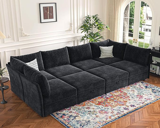 136.4" Oversized Modular Sectional Sleeper Sofa Bed, U Shaped Convertible Couch with Movable Ottoman, Large 8 Seat Corner Couches for Living Room Deep Seat Black Chenille-CasaMuseHome