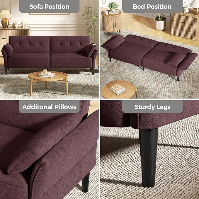 89” Futon Sofa Bed, Velvet Fabric Comfy Futon Couch Bed with 2 Square Pillows, Convertible Sleeper Sofa with Adjustable Backrest& Armrests, Modern Loveseat Sleeper for Living Room, Burgundy-CasaMuseHome