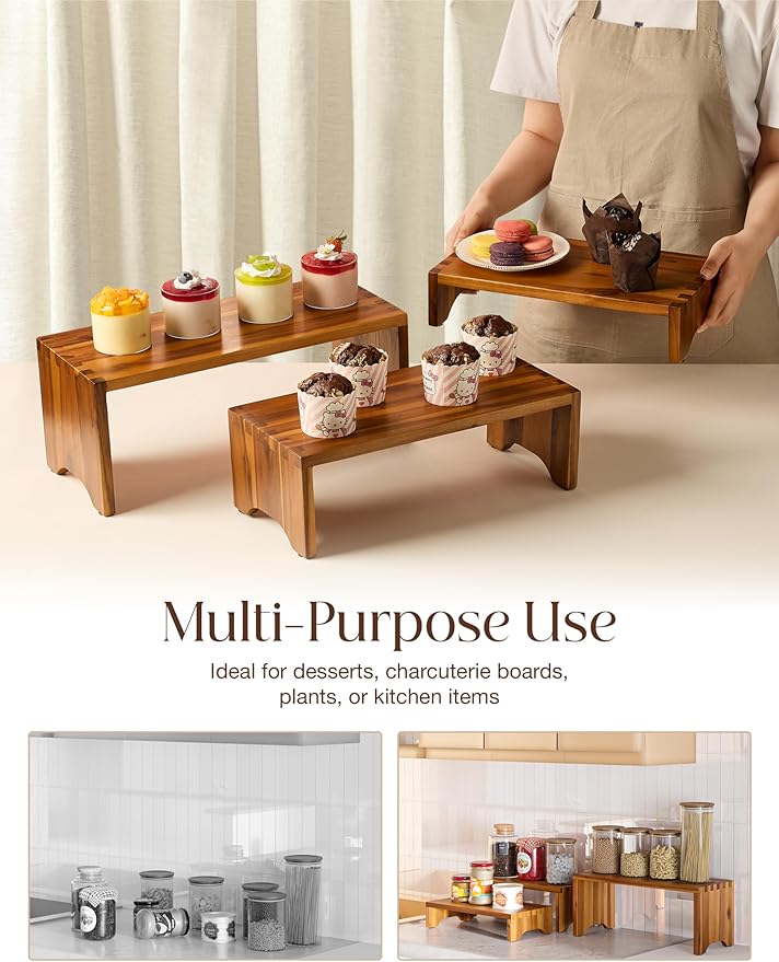 Acacia Wood Risers Display Stands Set of 3 - Wooden 3 Tier Cupcake Stand - 3 Tiered Riser for Vendors - Decorative Display Risers for Food Desserts Stand, Perfume, Funko POP at Party Wedding-CasaMuseHome