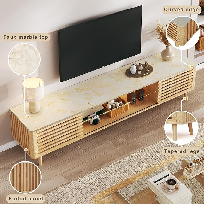 70" Mid Century Modern TV Stand for 55/65/75 Inch TV, Faux Marble Top Entertainment Center with Slatied Sliding Door & LED Lights, Low TV Console with Glass Shelves for Bedroom, Living Room-CasaMuseHome