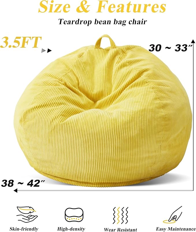 3.5FT Bean Bag Chairs Teardrop Bean Bag Chair for Adults Beanbag Chair with Memory Foam Filled Machine Washable Cover for Living Room, Bedroom (Large,Yellow)-CasaMuseHome