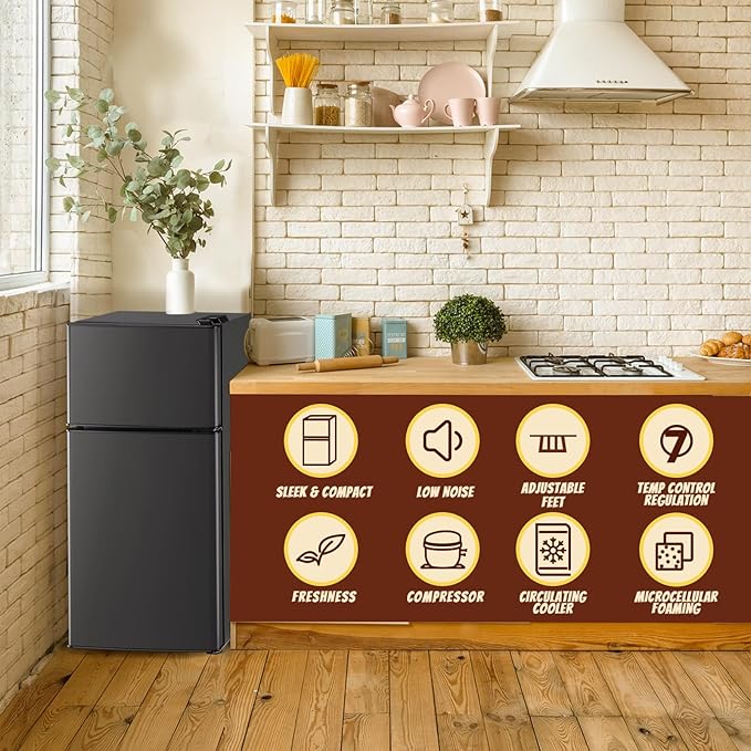 2.4 Cu.ft Mini Fridge with Freezer Compact Fridge Refrigerator Dual Door Small Fridge Senven Temp Gear Removable Shelves Dark Grey-CasaMuseHome