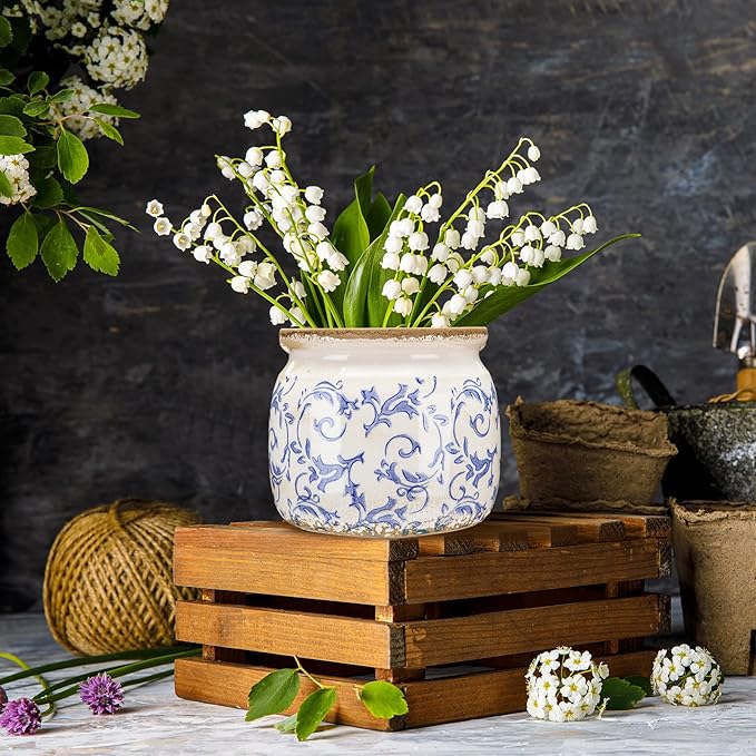 1 Pcs Vintage Planter Large Ceramic Plants Pot Blue Chinoiserie Crack Cottage Scroll Vase Flower Vase Pot Indoor Plants Home Kitchen Decor Farmhouse Antique Decorative Gift-CasaMuseHome