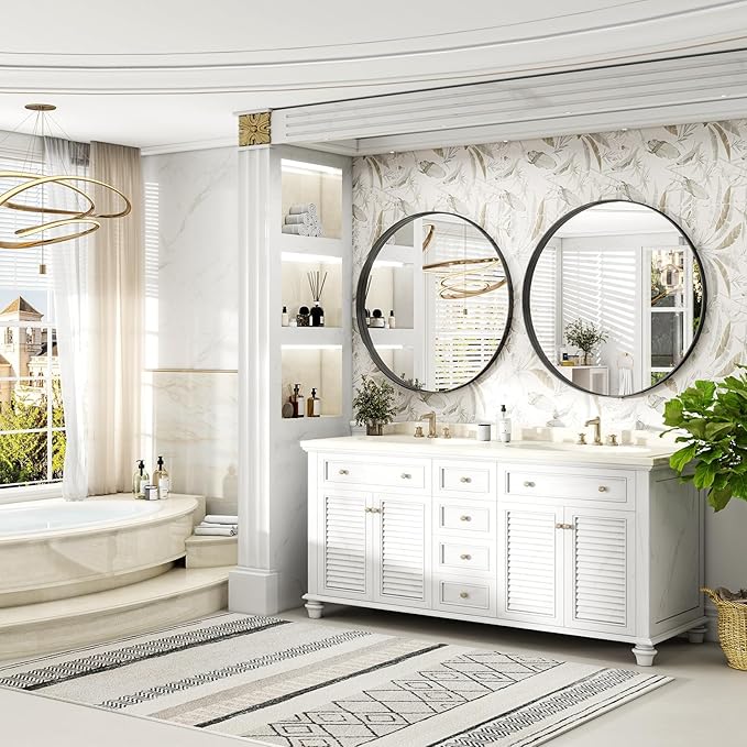 48 Inch Round Bathroom Mirror - Wall Mounted Circle Mirror with Metal Frame, Modern Mirror Suitable for Bathroom, Vanity, Entryway, Living Room, Wall Decor,Black-CasaMuseHome