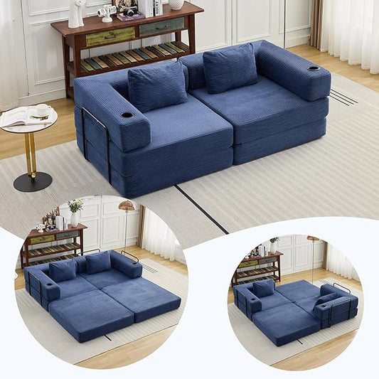 78" W Loveseat Sofa, 4 in 1 Convertible Floor Sofa Bed, Boneless Cloud Couch with Cup Holder, Fold Out Floor Couch, Loveseat Recliner Sleeper for Living Room Bedroom Lounge(Corduroy, White)-CasaMuseHome