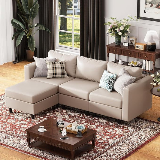 91.5" Faux Leather Modular Sectional Sofa, L Shaped Couch Set for Living Room, 3-Seater Comfy Cloud Couches with Movable Storage Ottoman,DIY Combination - Whitesand-CasaMuseHome
