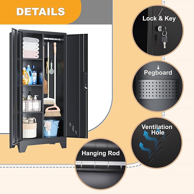 61" H Metal Storage Cabinet, Utility Cabinets with Locking Doors, Laundry Cabinet with Hanging Rod, Garage Tool Storage Cabinets for Home Office, Garage, Bathroom (Black)-CasaMuseHome