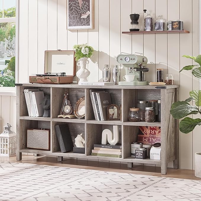 8 Cube Book Shelf, Farmhouse Wood Long Storage Organizer Bookcase, 62" Horizontal Grey Oak Console Closet Bookshelf, Hallway TV Stand for Entryway, Display Cabinet Book Case for Living Room-CasaMuseHome