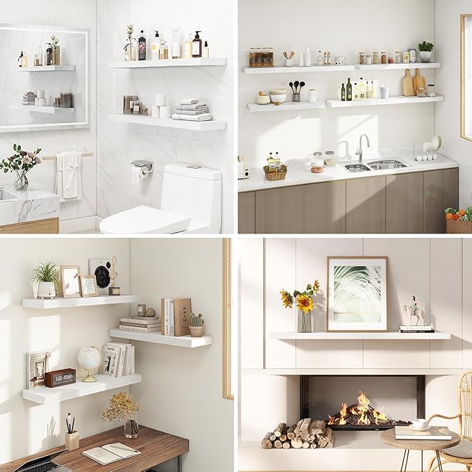 48 Inches Floating Shelves for Wall, 9.3" Deep Long Floating Shelves Set of 1, Large Display & Storage Shelf, Wall Shelf for Bathroom Bedroom Living Room Kitchen Office, White-CasaMuseHome