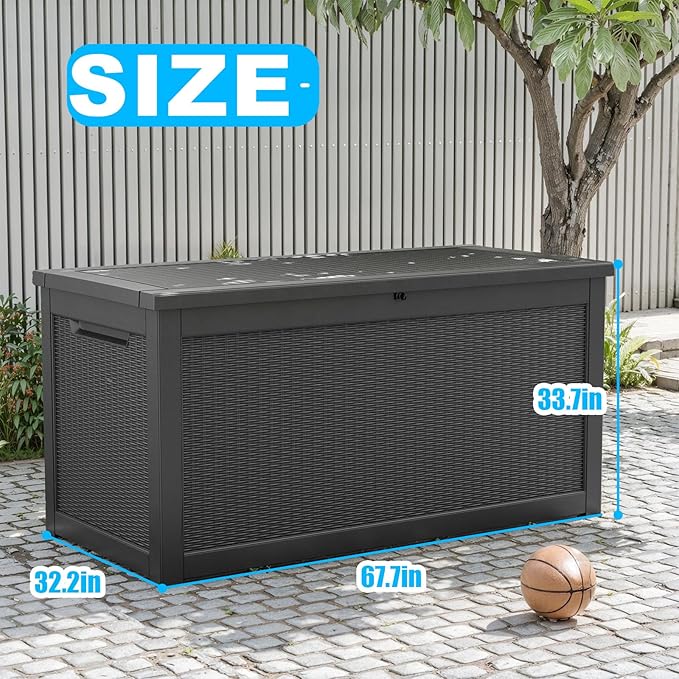 260 Gallon Large Resin Deck Box, Lockable Outdoor Storage Box for Patio Cushions Storage Furniture,Garden Tools, Pool Supplies, Weatherproof and UV Resistant-Black Rattan (260 Gallon)-CasaMuseHome
