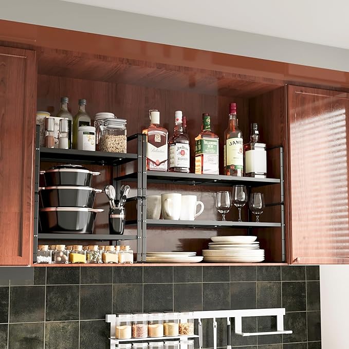 16.5~27.1" Expandable Shelf Organizer, 2Pack 10.2" Wide Stackable Cabinet Shelf Organizers, Black Metal Sturdy Kitchen Counter Storage for Countertop, Adjustable Height Spice Rack-CasaMuseHome