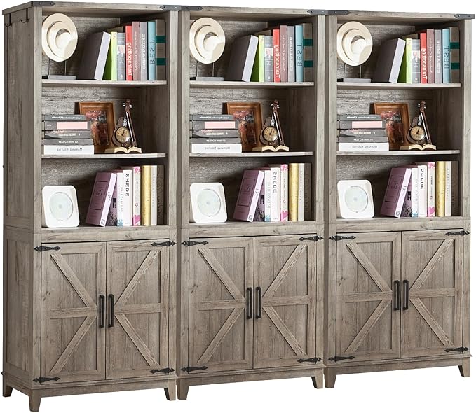 5 Tier Bookshelf 70in Tall Bookcase with Barn Doors and Storage Cabinet, Grey Farmhouse Book Shelf with Adjustable Shelves, Wood Freestanding Display Bookshelves for Bedroom, Kitchen (3PCS)-CasaMuseHome