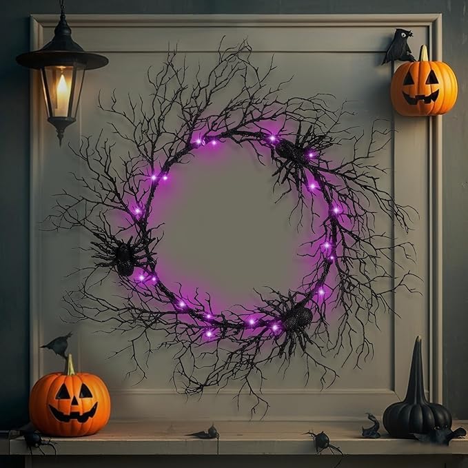 24 Inch Halloween Wreath for Front Door - Lighted Black Spider Wreath with Purple LED Lights, Outdoor/Indoor Spooky Decorations for Halloween Party, Porch, Holiday Home Decor-CasaMuseHome