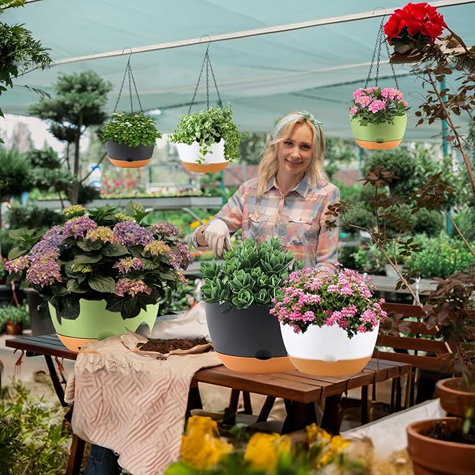 4 Pack Plastic Hanging planters for Indoor Plants,8 Inch Plant Pot Indoor Outdoor Hanging Baskets,Hanging Flower Pots with Drainage Holes and Chain for Garden Porch Plants(White)-CasaMuseHome