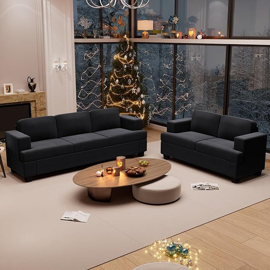 2 Pieces Corduroy Couch Set for Living Room, Black Cloud Sofa, Deep Seat Floor Couch for Bedroom, Futon Modern Sofa Sectional Bed, Black Corduroy-CasaMuseHome