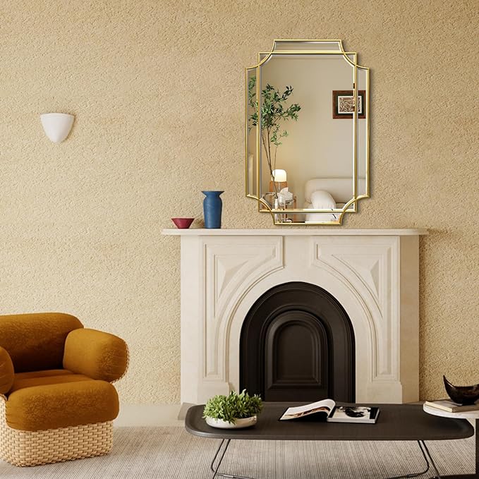30x20 Inch Gold Bathroom Mirror, Wooden Frame with Scalloped Polished Beveled Glass, Modern Art Wall Decor for Vanity, Irregular Rectangle Mirror for Bedroom, Living Room, Fireplace & Entryway-CasaMuseHome