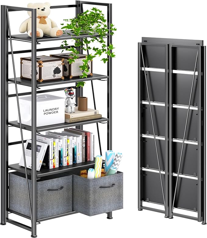 4NM No Assembly Foldable Bookshelf, 5-Shelf Collapsible Bookcase Storage for Small Spaces, 62.2" H, All Black-CasaMuseHome