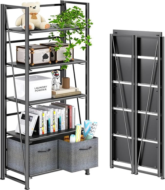 4NM No Assembly Foldable Bookshelf, 5-Shelf Collapsible Bookcase Storage for Small Spaces, 62.2" H, All Black-CasaMuseHome