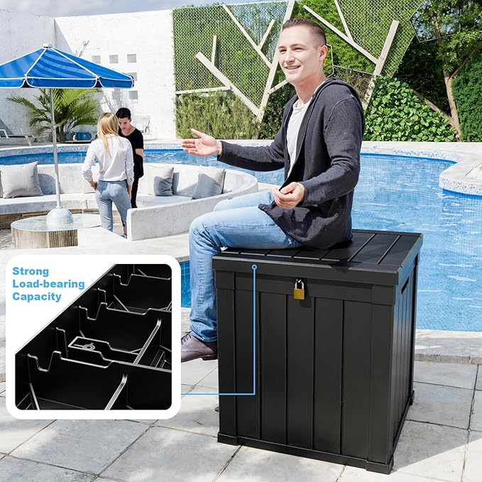 50 Gallon Resin Deck Box, Lockable Outdoor Storage Box for Patio Cushions Storage Furniture,Garden Tools, Pool Supplies, Weatherproof and UV Resistant（Black）-CasaMuseHome