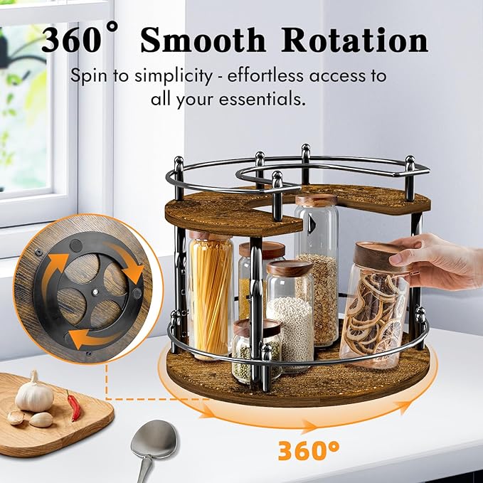 2-Tier Lazy Susan Organizer Turntable Spice Organization U-Shape 11.8" Rotating Spice Rack Height Adjustable for Cabinet, Pantry, Kitchen Countertop, Party-CasaMuseHome