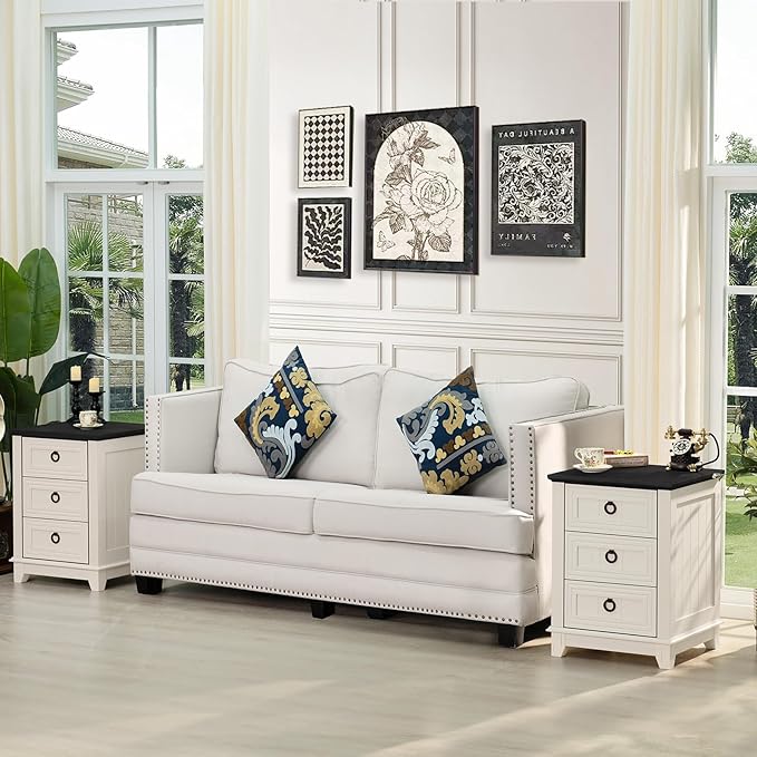 18" Farmhouse Night Stand with 3 Drawers, Wood End Table Dresser for Bedroom, White Nightstand, Bed Side Table with Metal Handle, Bedside Cabinet for Bedroom Living Room, Closet-CasaMuseHome