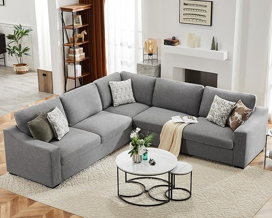112" L Shaped Sectional Sofa with Detachable Sofa Cover, Reversible Sectional Modular Couch for Living Room, Linen Fabric Corner Couch with 7 Seats, Grey-CasaMuseHome