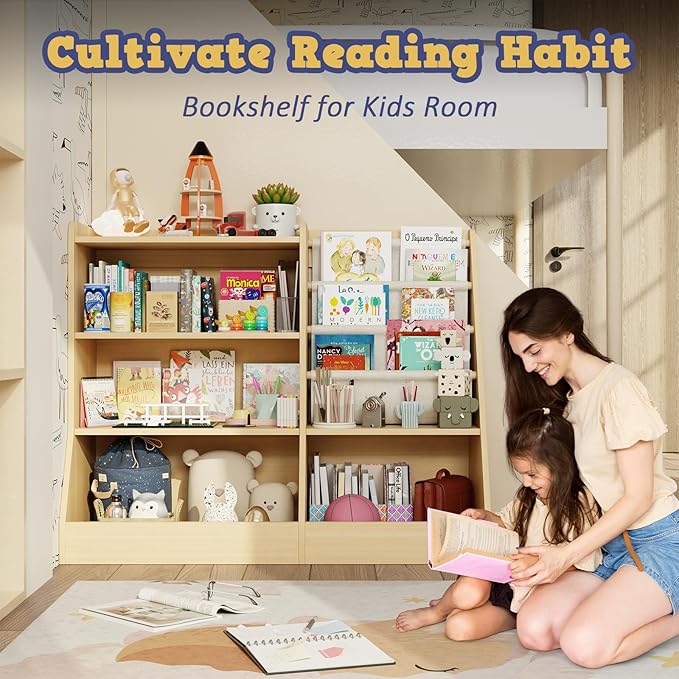 39" Large Kids Wooden Bookshelf and Toy Storage Organizer, Baby Bookcase with Sling Book Rack, Children Toddler Wooden Book Shelf for kids rooms, Playroom, Classroom, Nursery, School (Natural)-CasaMuseHome