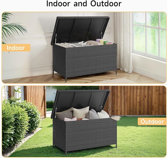 158 Gallon XL Deck Box with Lid, All Weather Wicker Outdoor Storage Box Waterproof, Large Outdoor Patio Storage Bin for Cushions, Garden Tools, Gears, Pool Accessories, Black-CasaMuseHome