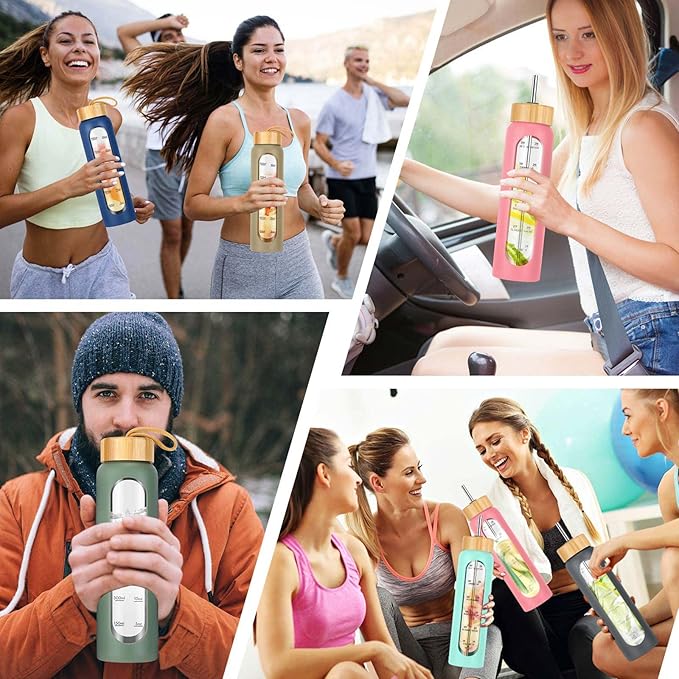 32 oz Glass Water Bottle with Straw - Motivational Time Marker & Silicone Sleeve - Reusable Tumbler Includes 2 Bamboo Lids & Fruit Infuser - 1 Pack-CasaMuseHome