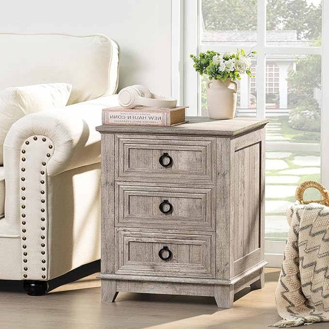 18" Farmhouse Night Stand with 3 Drawers, Wood End Table Dresser for Bedroom, Retro Oak Nightstand, Bed Side Table with Metal Handle, Bedside Cabinet for Bedroom Living Room, Closet-CasaMuseHome